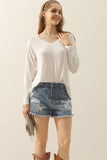 V NECK FLARE FLOUNCE LONG SLEEVE SLUB TUNIC TOP - Doublju