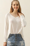 V NECK FLARE FLOUNCE LONG SLEEVE SLUB TUNIC TOP - Doublju