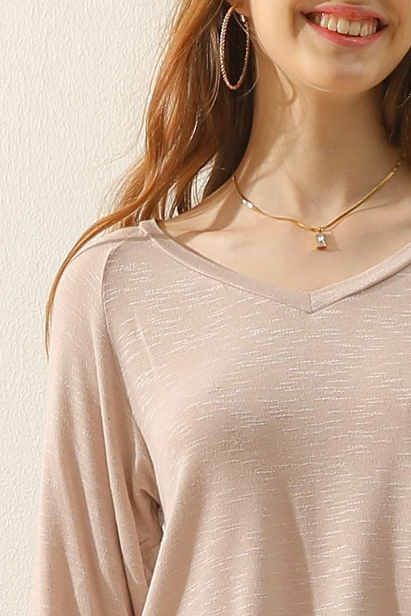 V NECK FLARE FLOUNCE LONG SLEEVE SLUB TUNIC TOP - Doublju