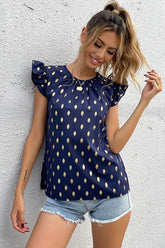 ROUND NECK LOTUS LEAF SLEEVES WAVE DOT TOP - Doublju