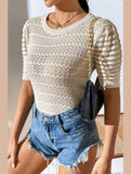 PATTERNED KNIT SHORT SLEEVE CASUAL TOP - Doublju