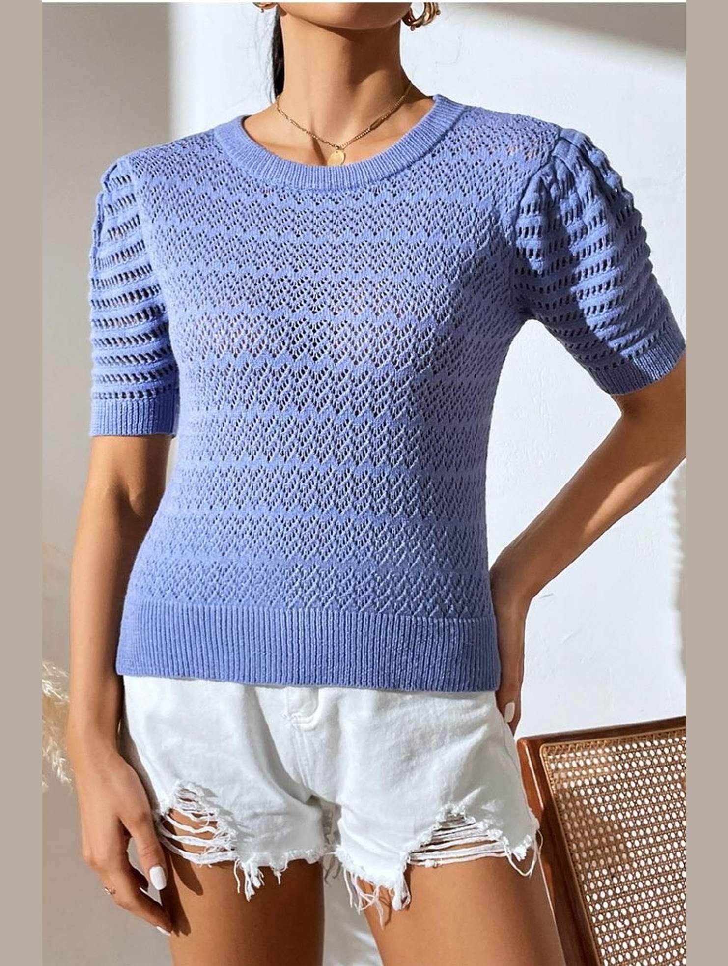 PATTERNED KNIT SHORT SLEEVE CASUAL TOP - Doublju