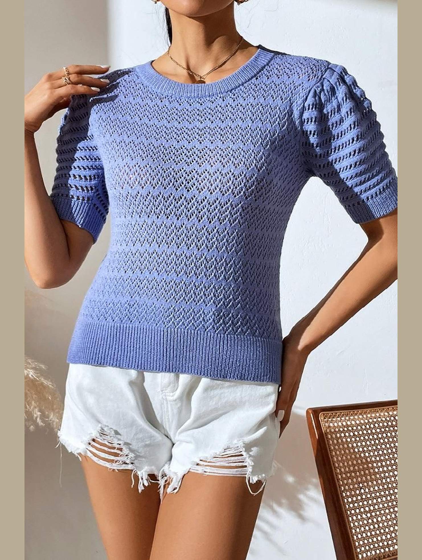 PATTERNED KNIT SHORT SLEEVE CASUAL TOP - Doublju