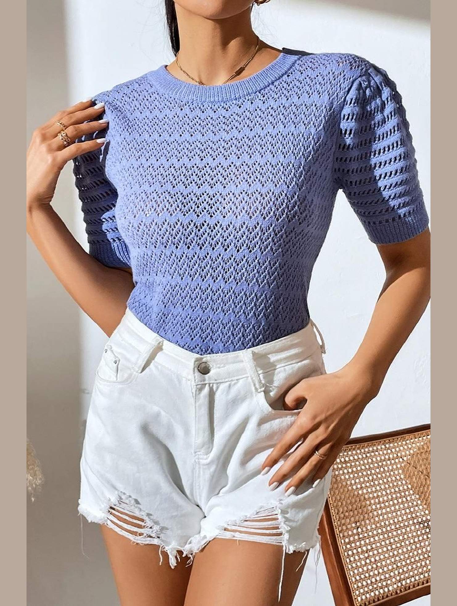 PATTERNED KNIT SHORT SLEEVE CASUAL TOP - Doublju