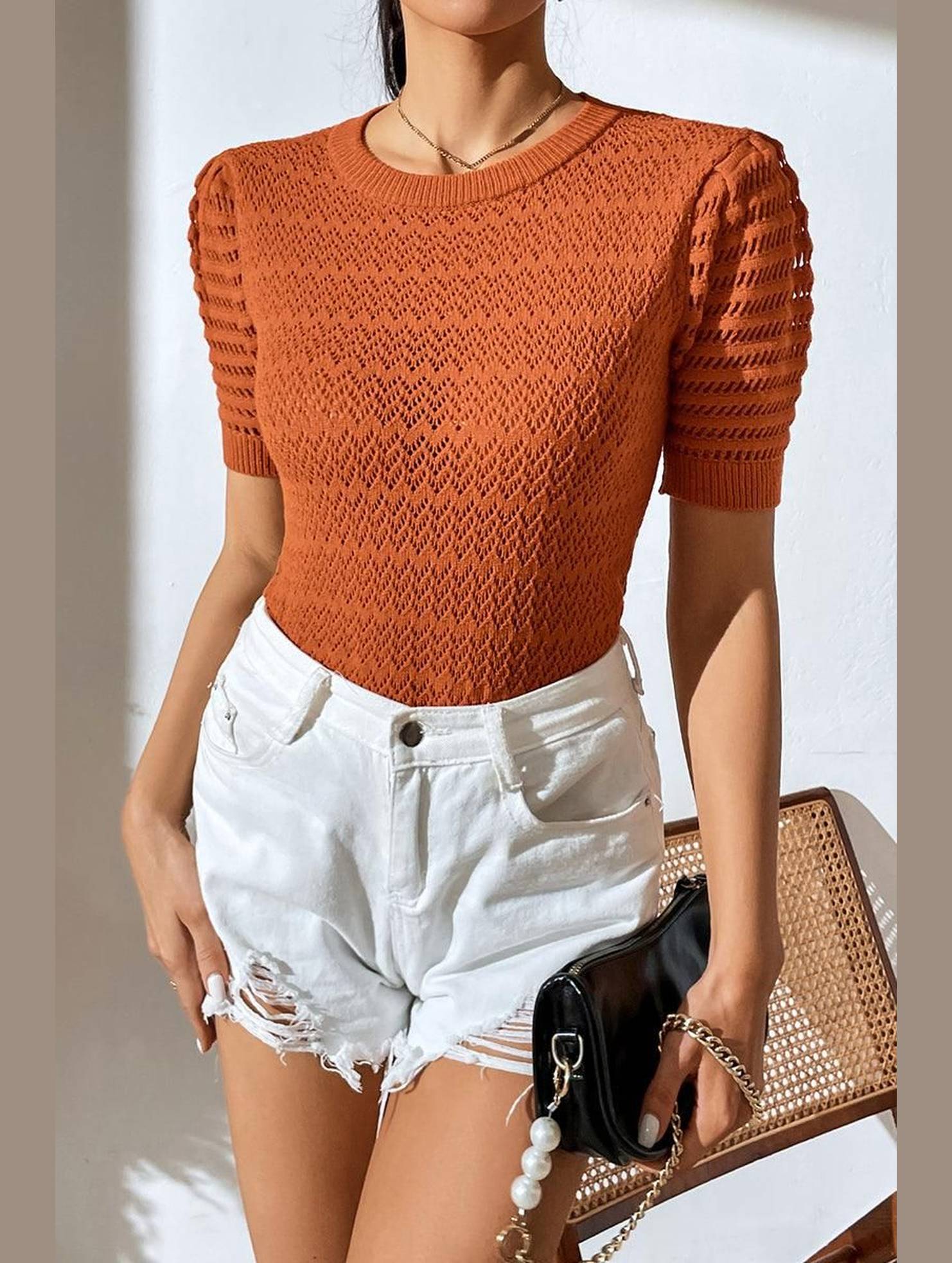 PATTERNED KNIT SHORT SLEEVE CASUAL TOP - Doublju