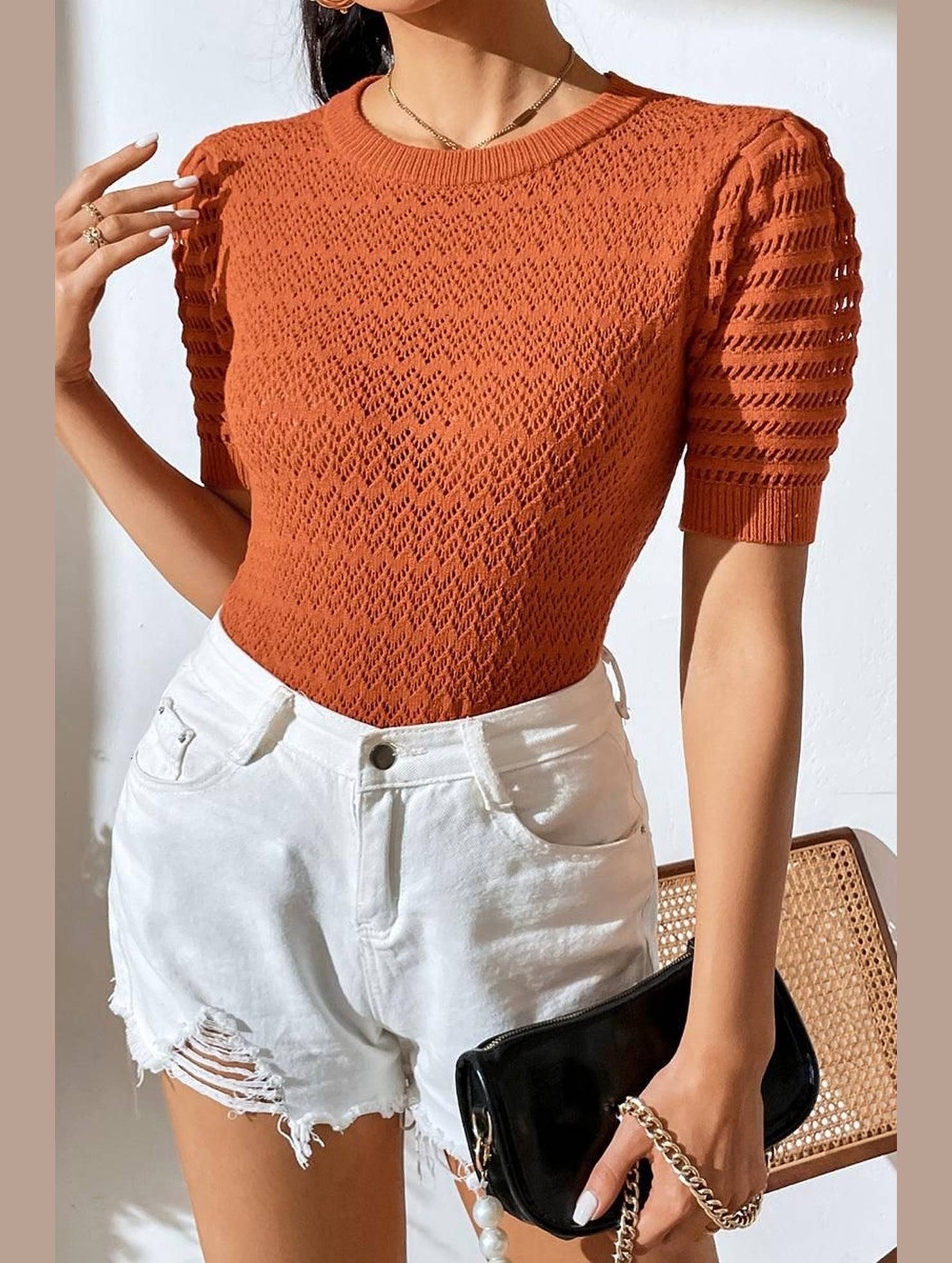 PATTERNED KNIT SHORT SLEEVE CASUAL TOP - Doublju