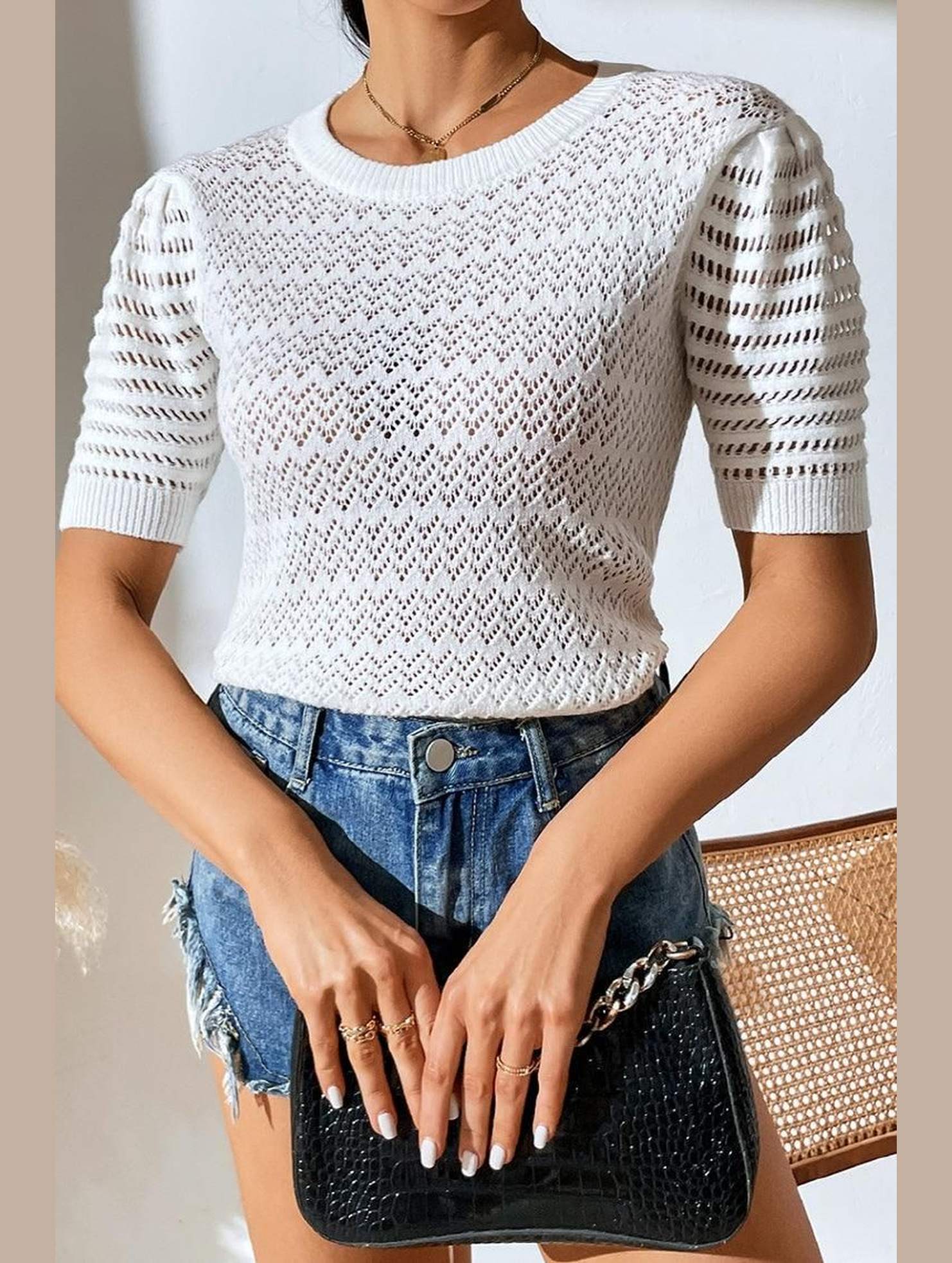 PATTERNED KNIT SHORT SLEEVE CASUAL TOP - Doublju