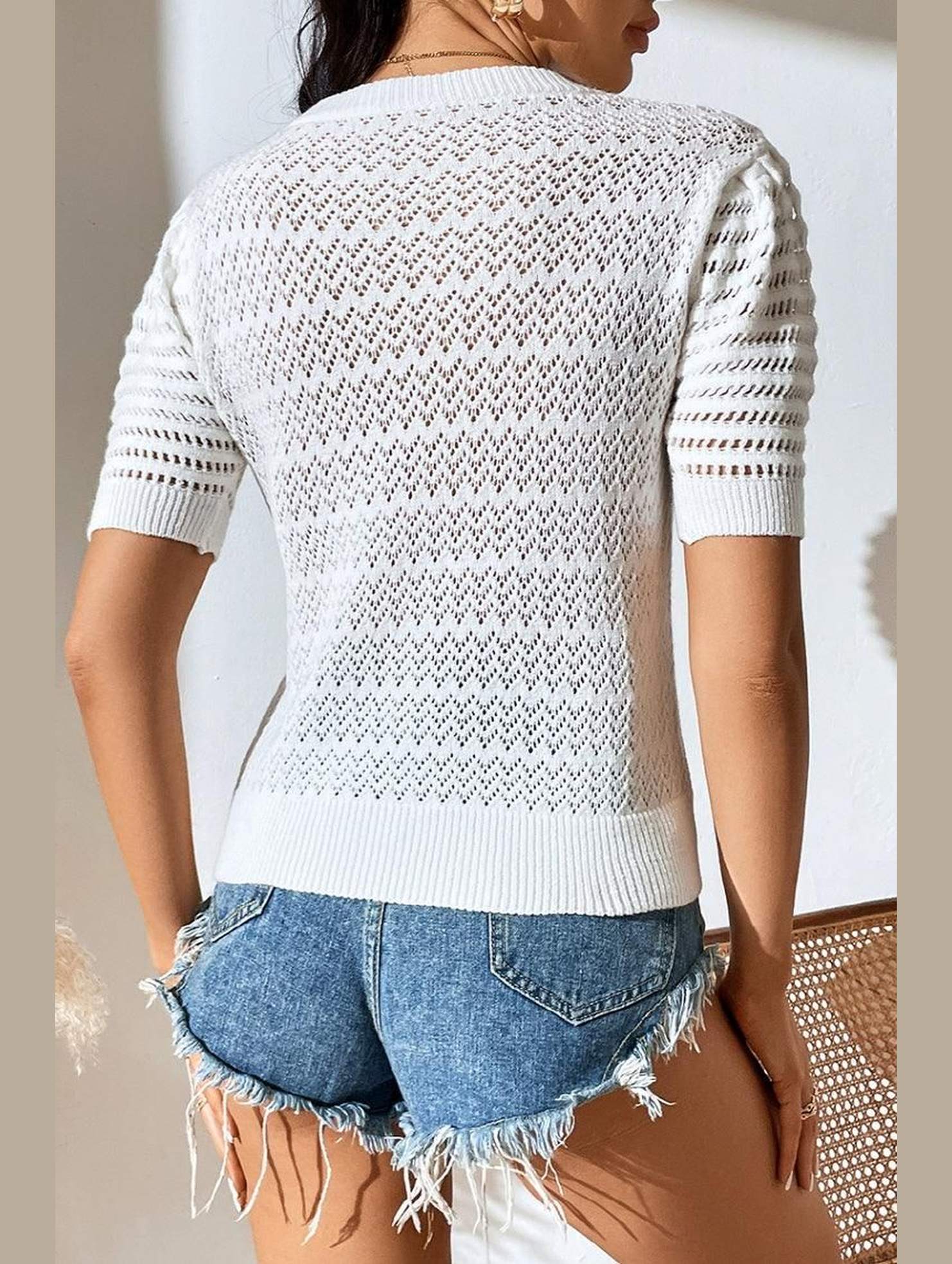 PATTERNED KNIT SHORT SLEEVE CASUAL TOP - Doublju