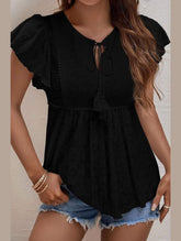 RUFFLED SLEEVE TIE NECK TUNIC TOP - Doublju