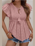 RUFFLED SLEEVE TIE NECK TUNIC TOP - Doublju