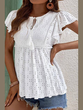 RUFFLED SLEEVE TIE NECK TUNIC TOP - Doublju