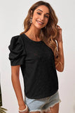 PUFF SHOULDER ROUND NECK SHORT CASUAL TOP - Doublju