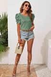 PUFF SHOULDER ROUND NECK SHORT CASUAL TOP - Doublju
