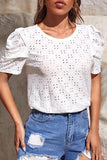PUFF SHOULDER ROUND NECK SHORT CASUAL TOP - Doublju