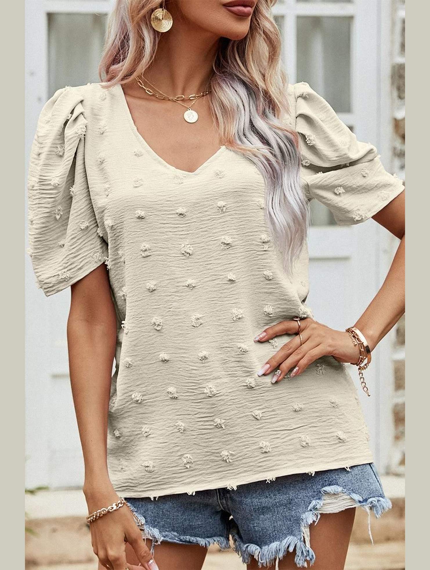 PUFF SLEEVE DEEP NECK CASUAL TOP - Doublju