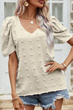 PUFF SLEEVE DEEP NECK CASUAL TOP - Doublju