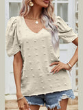 PUFF SLEEVE DEEP NECK CASUAL TOP - Doublju