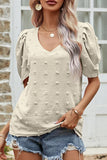PUFF SLEEVE DEEP NECK CASUAL TOP - Doublju