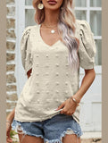 PUFF SLEEVE DEEP NECK CASUAL TOP - Doublju