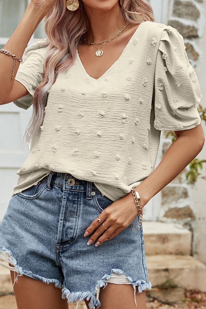 PUFF SLEEVE DEEP NECK CASUAL TOP - Doublju