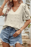 PUFF SLEEVE DEEP NECK CASUAL TOP - Doublju