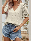 PUFF SLEEVE DEEP NECK CASUAL TOP - Doublju
