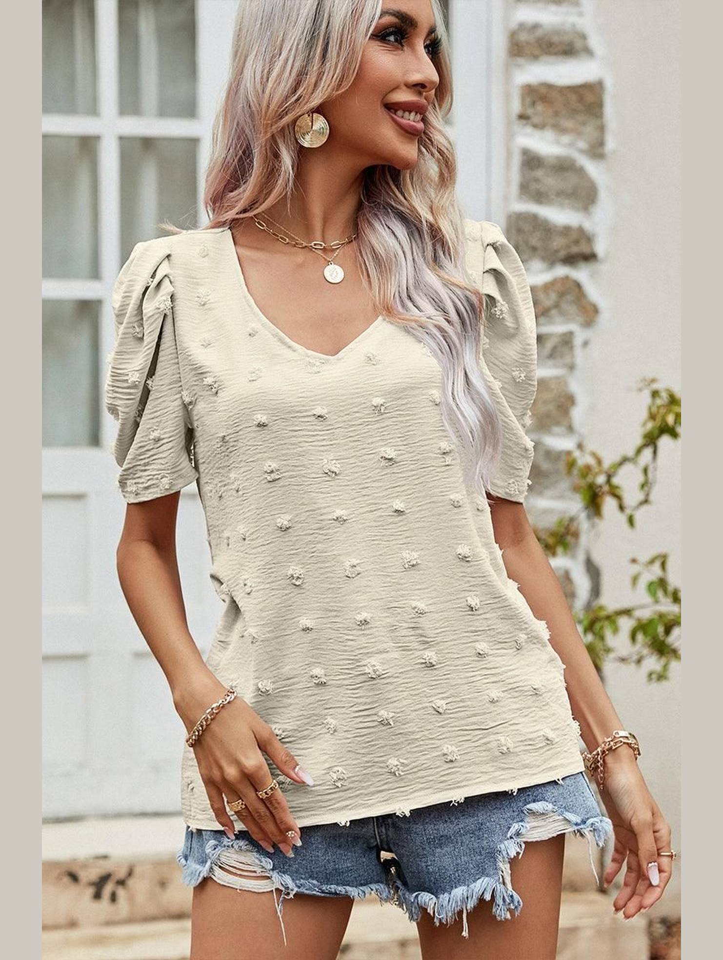 PUFF SLEEVE DEEP NECK CASUAL TOP - Doublju