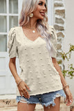 PUFF SLEEVE DEEP NECK CASUAL TOP - Doublju