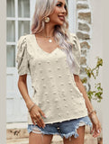 PUFF SLEEVE DEEP NECK CASUAL TOP - Doublju