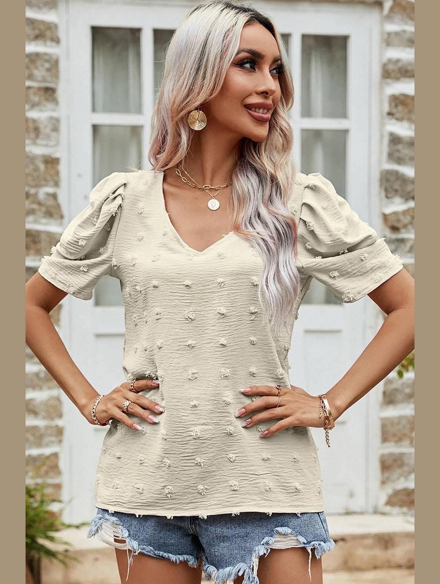 PUFF SLEEVE DEEP NECK CASUAL TOP - Doublju