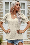 PUFF SLEEVE DEEP NECK CASUAL TOP - Doublju