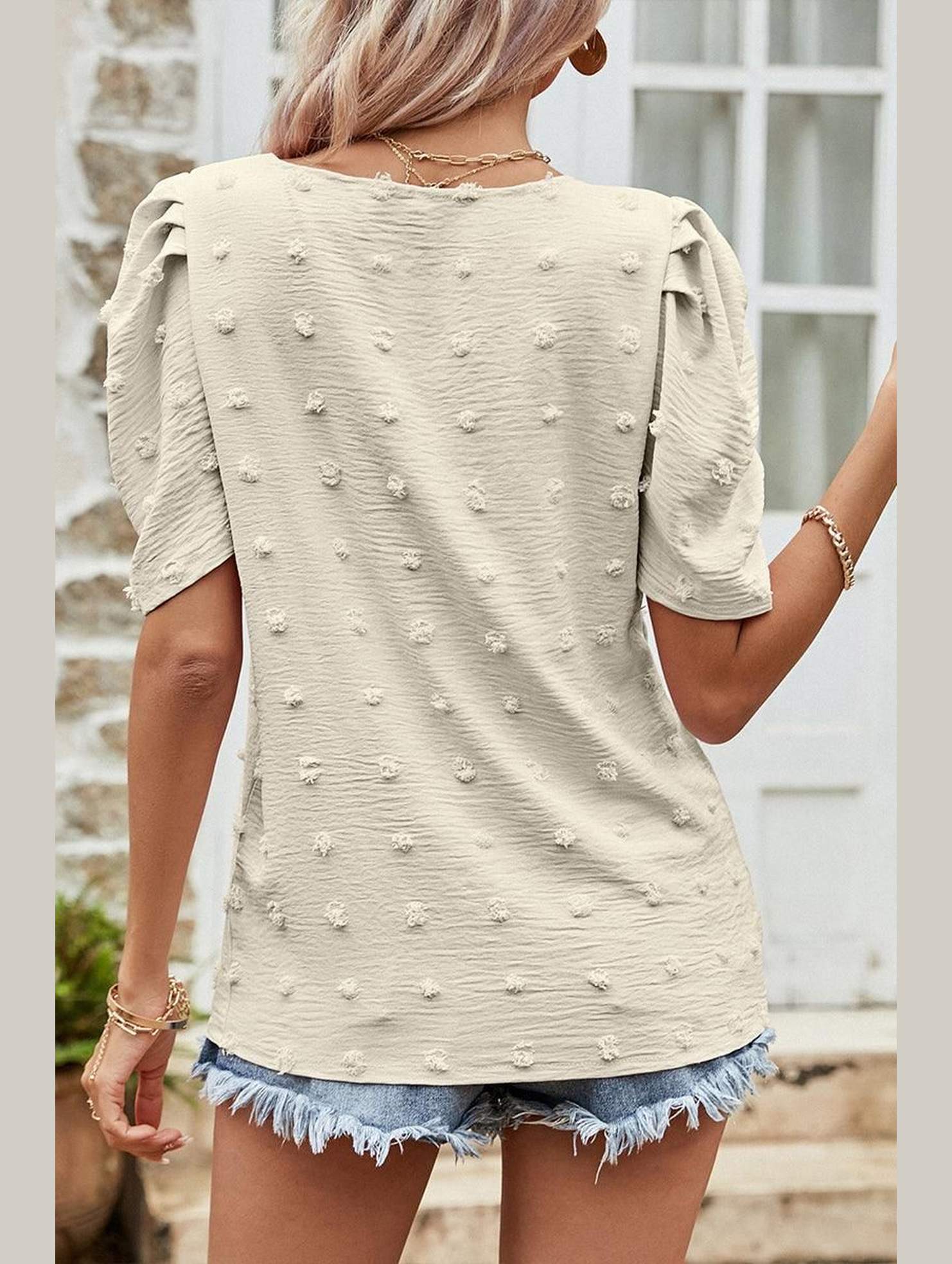 PUFF SLEEVE DEEP NECK CASUAL TOP - Doublju