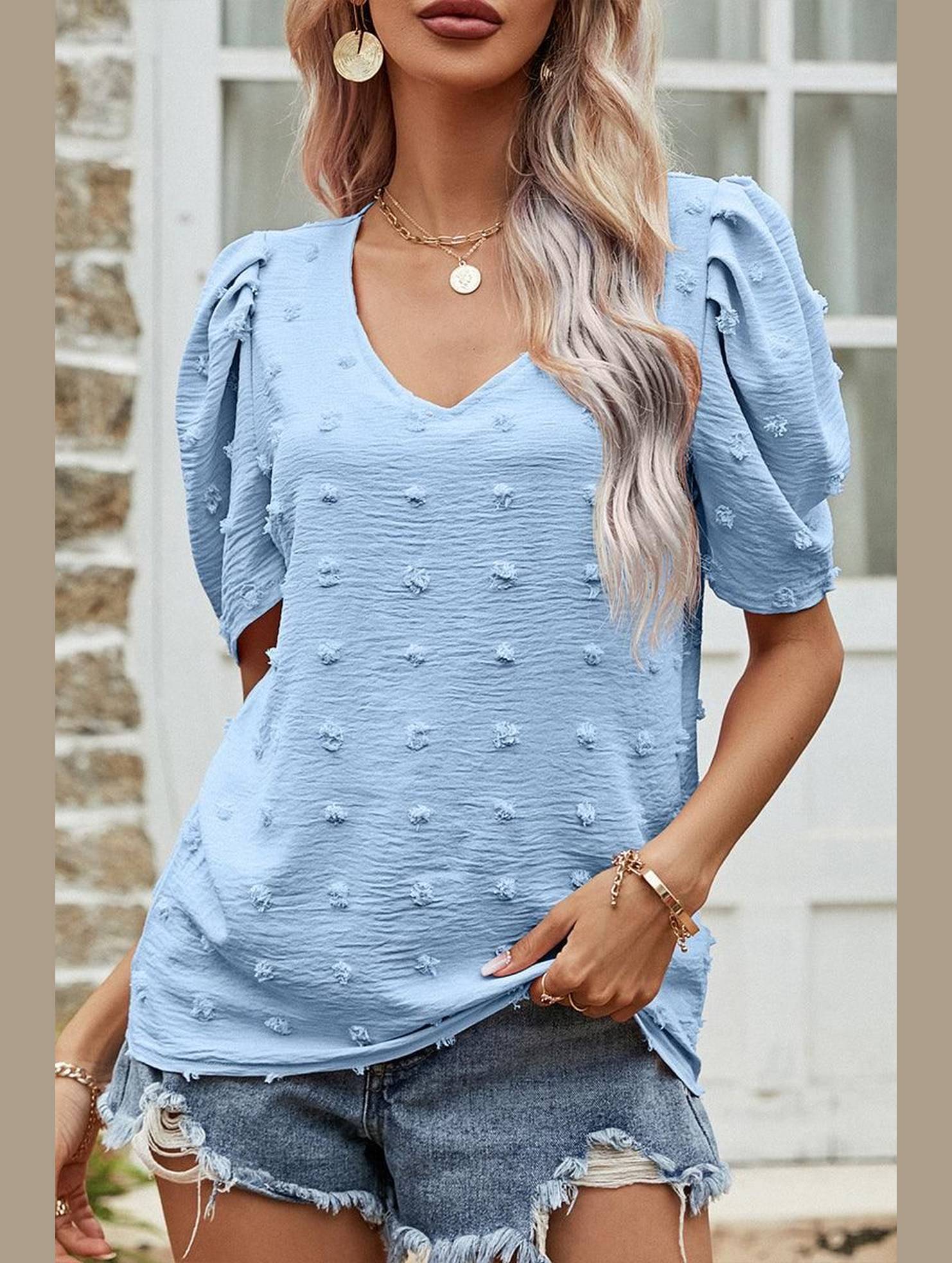PUFF SLEEVE DEEP NECK CASUAL TOP - Doublju