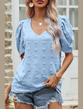 PUFF SLEEVE DEEP NECK CASUAL TOP - Doublju