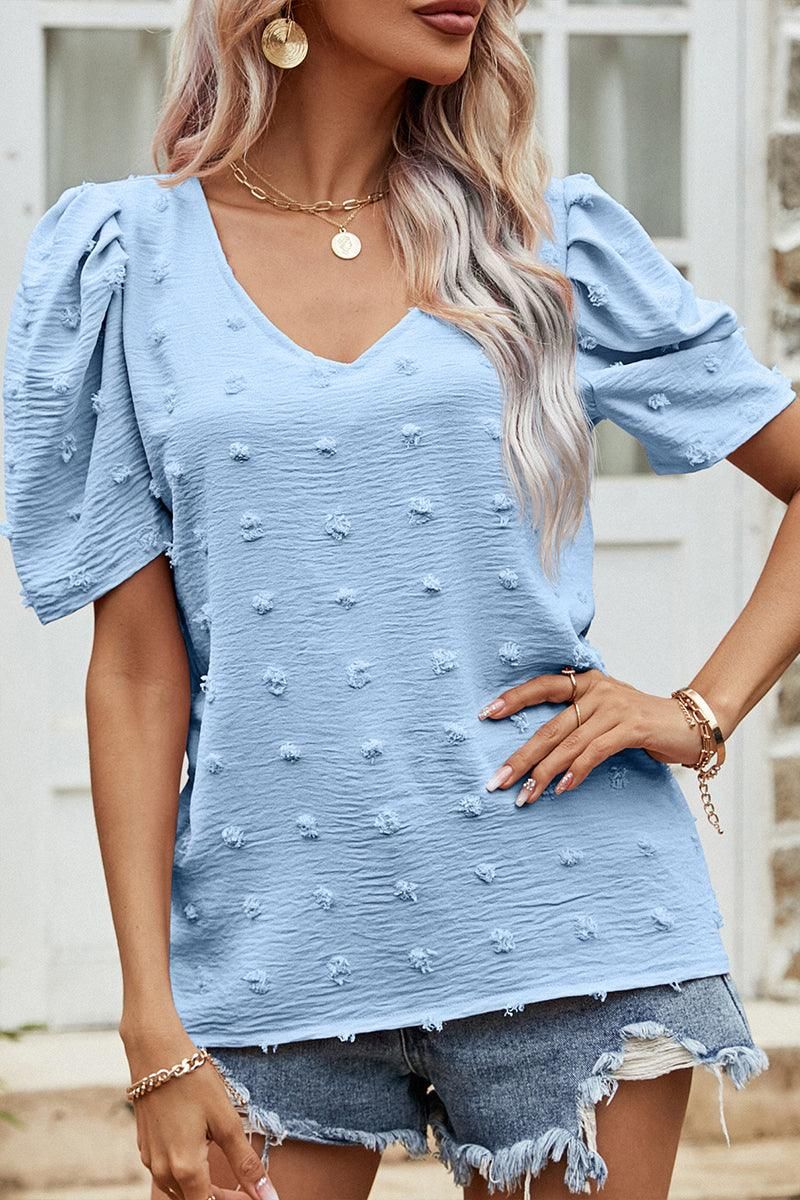 PUFF SLEEVE DEEP NECK CASUAL TOP - Doublju