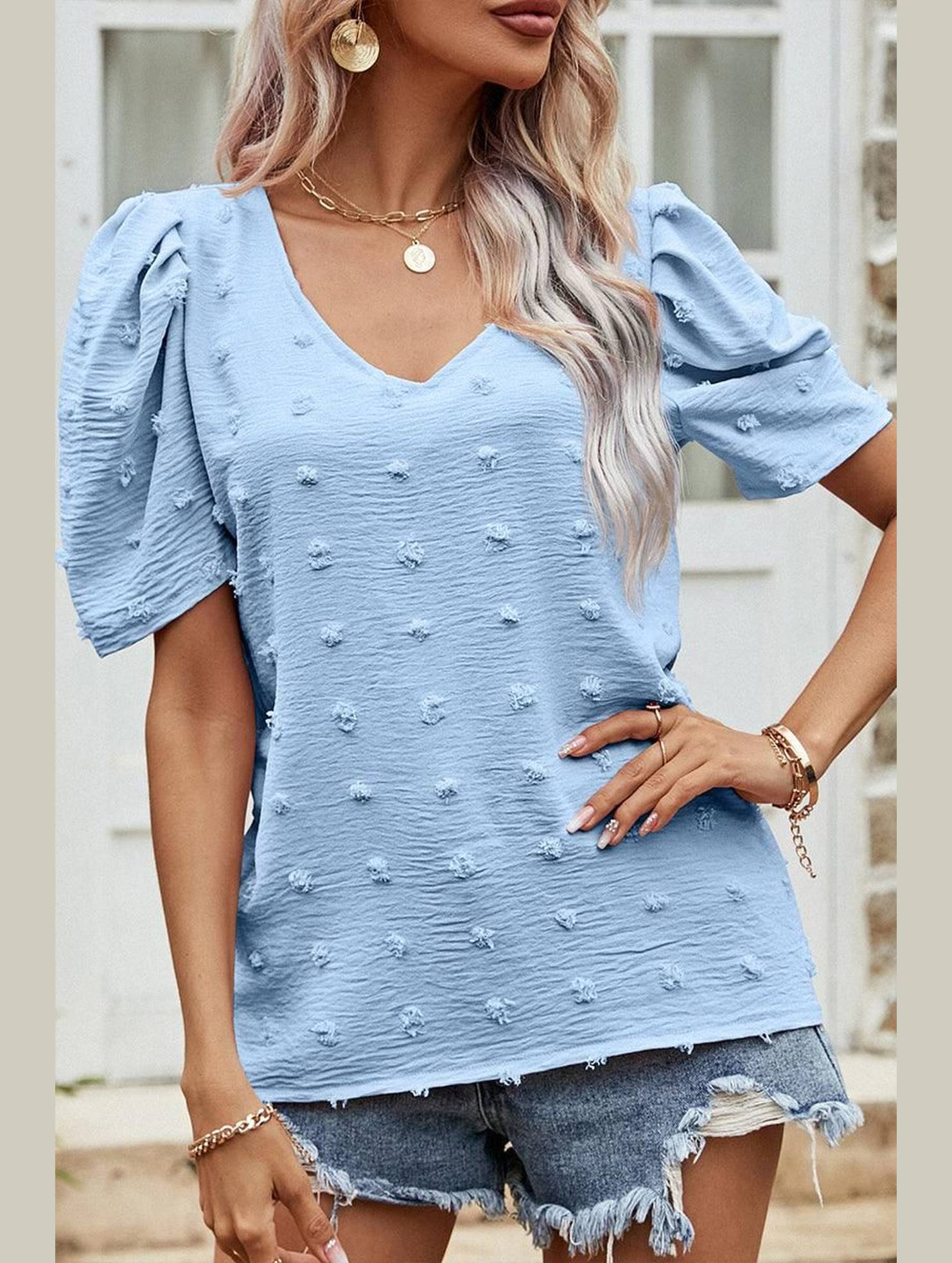 PUFF SLEEVE DEEP NECK CASUAL TOP - Doublju