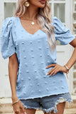 PUFF SLEEVE DEEP NECK CASUAL TOP - Doublju