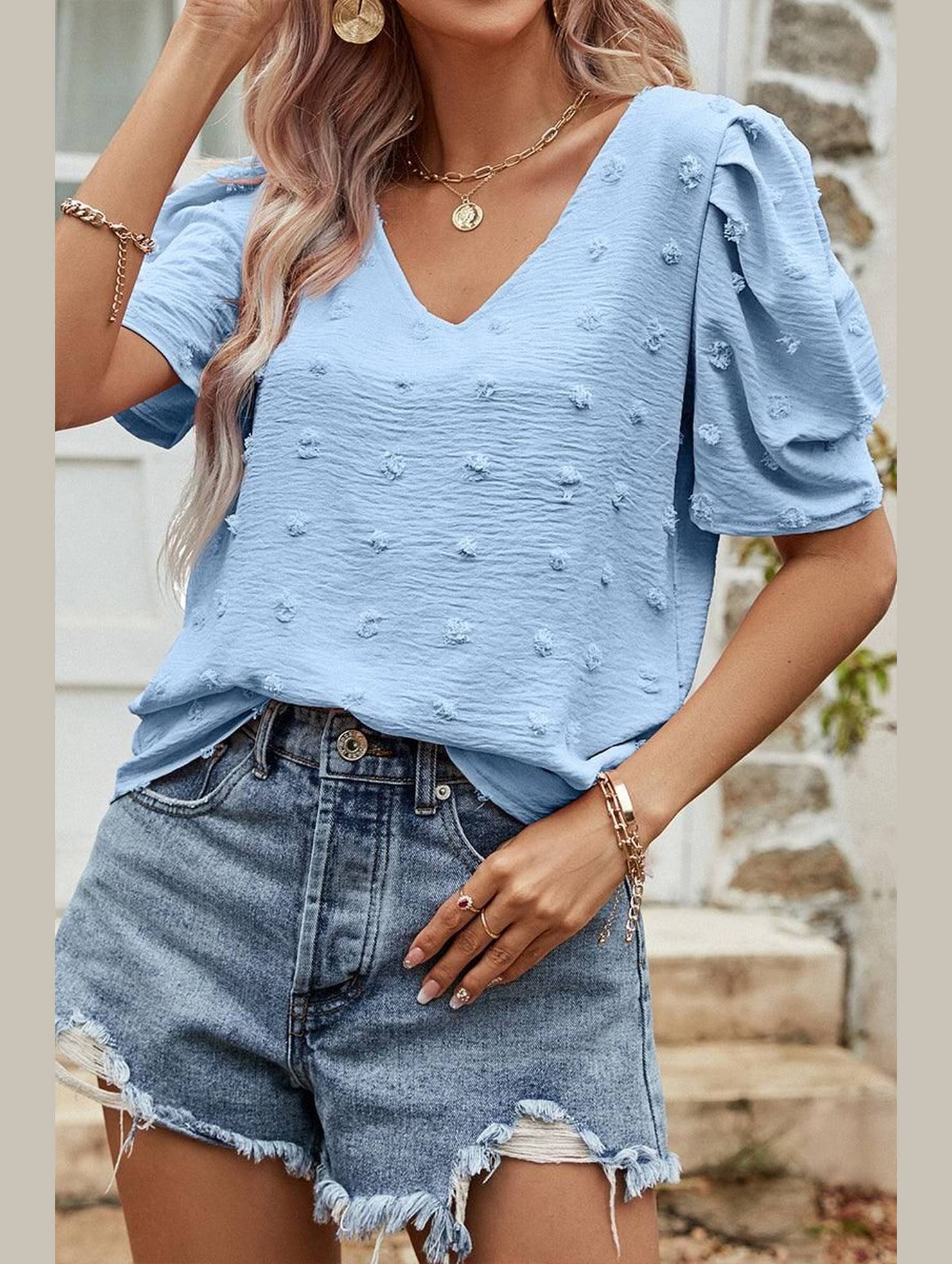 PUFF SLEEVE DEEP NECK CASUAL TOP - Doublju