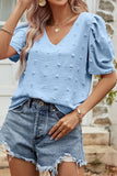 PUFF SLEEVE DEEP NECK CASUAL TOP - Doublju