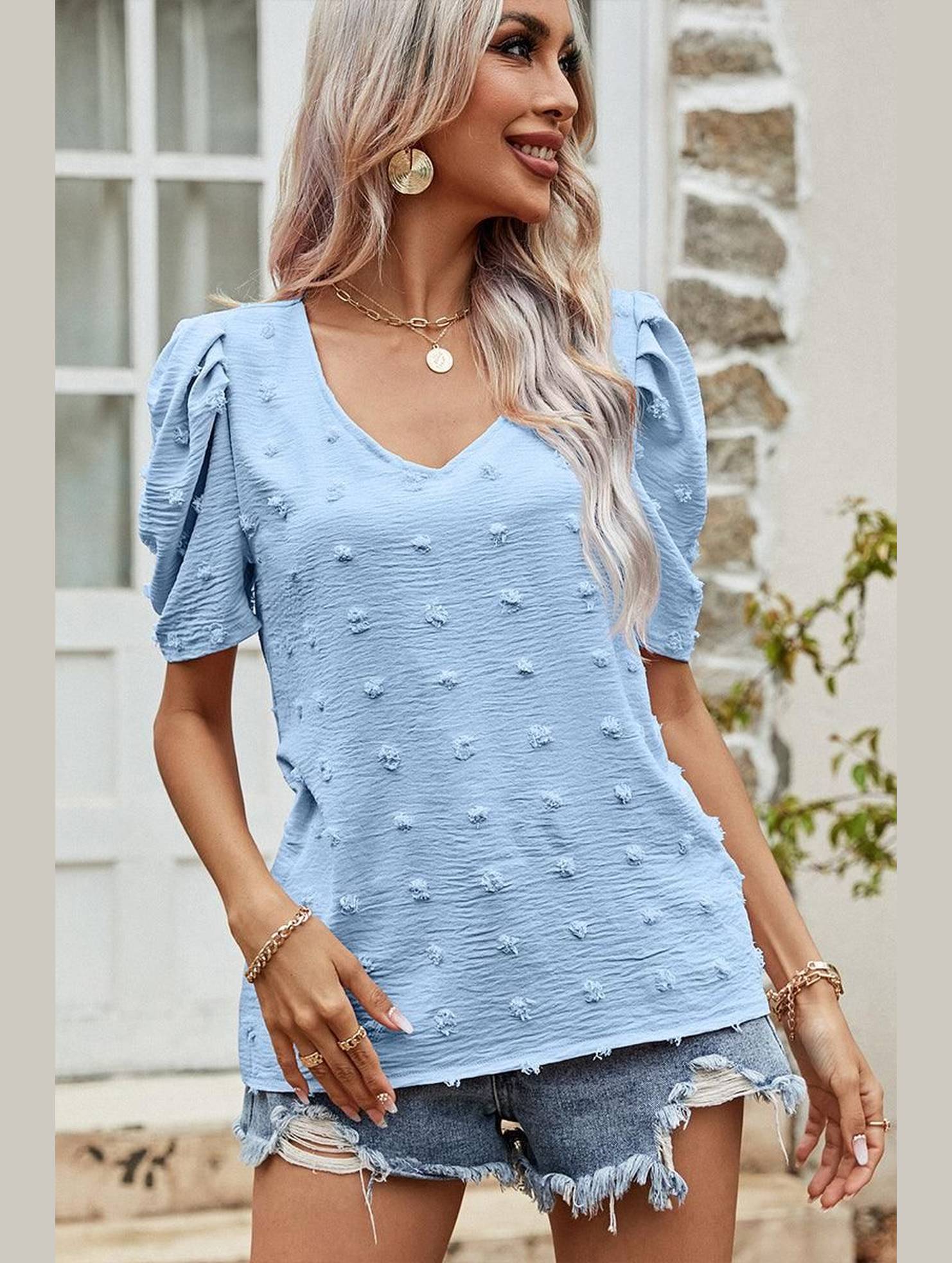 PUFF SLEEVE DEEP NECK CASUAL TOP - Doublju
