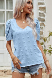 PUFF SLEEVE DEEP NECK CASUAL TOP - Doublju