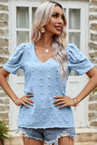PUFF SLEEVE DEEP NECK CASUAL TOP - Doublju