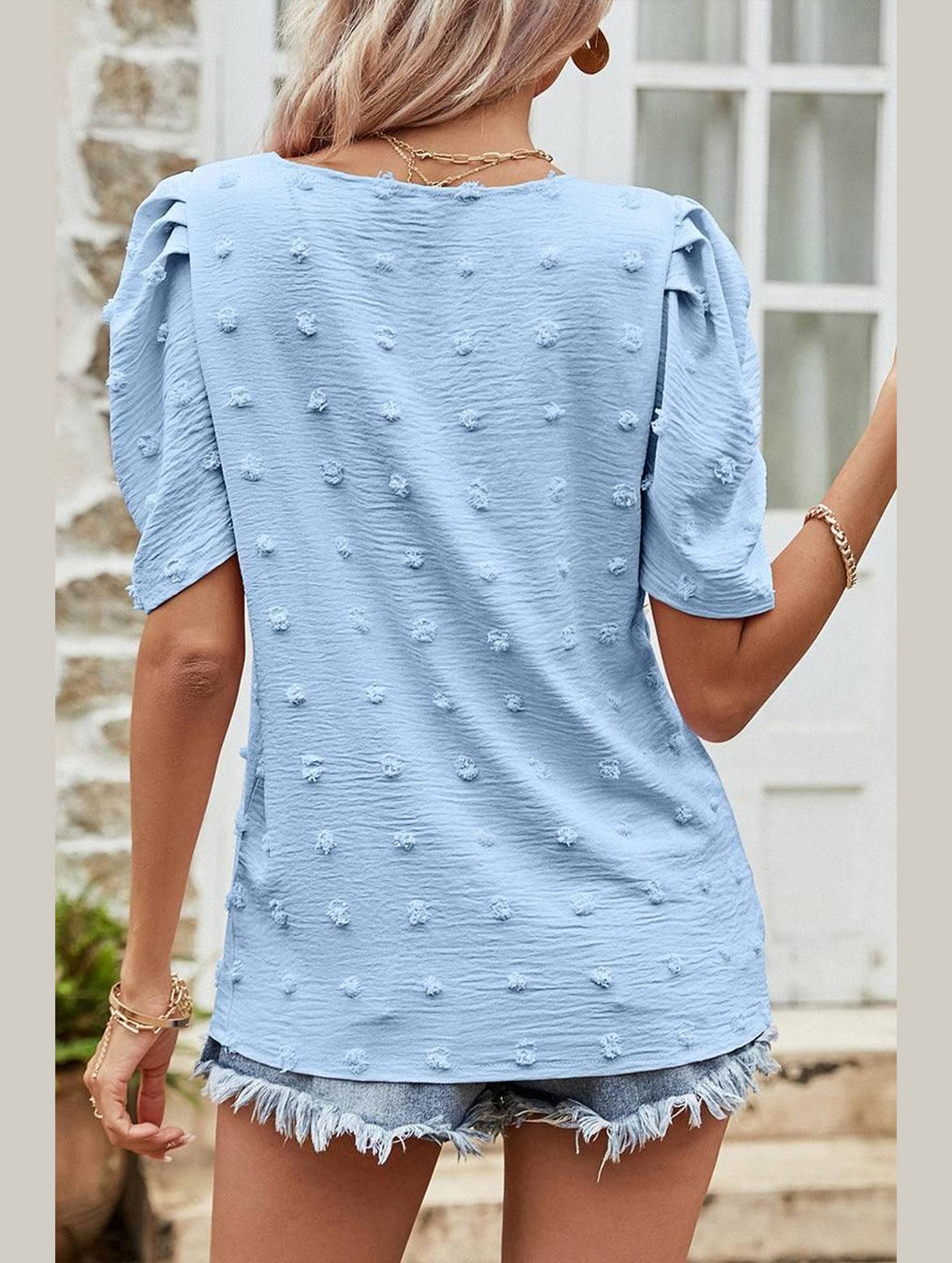 PUFF SLEEVE DEEP NECK CASUAL TOP - Doublju