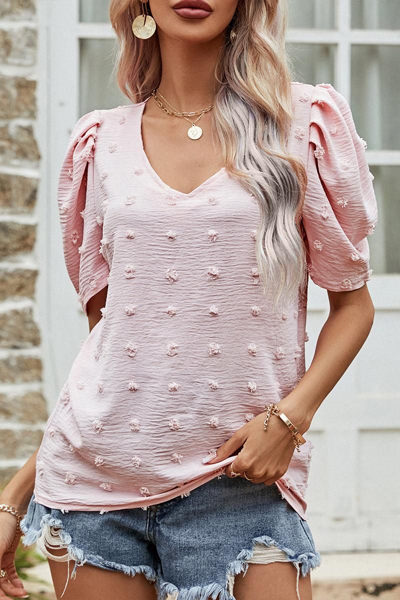 PUFF SLEEVE DEEP NECK CASUAL TOP - Doublju