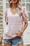 PUFF SLEEVE DEEP NECK CASUAL TOP - Doublju