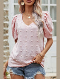PUFF SLEEVE DEEP NECK CASUAL TOP - Doublju