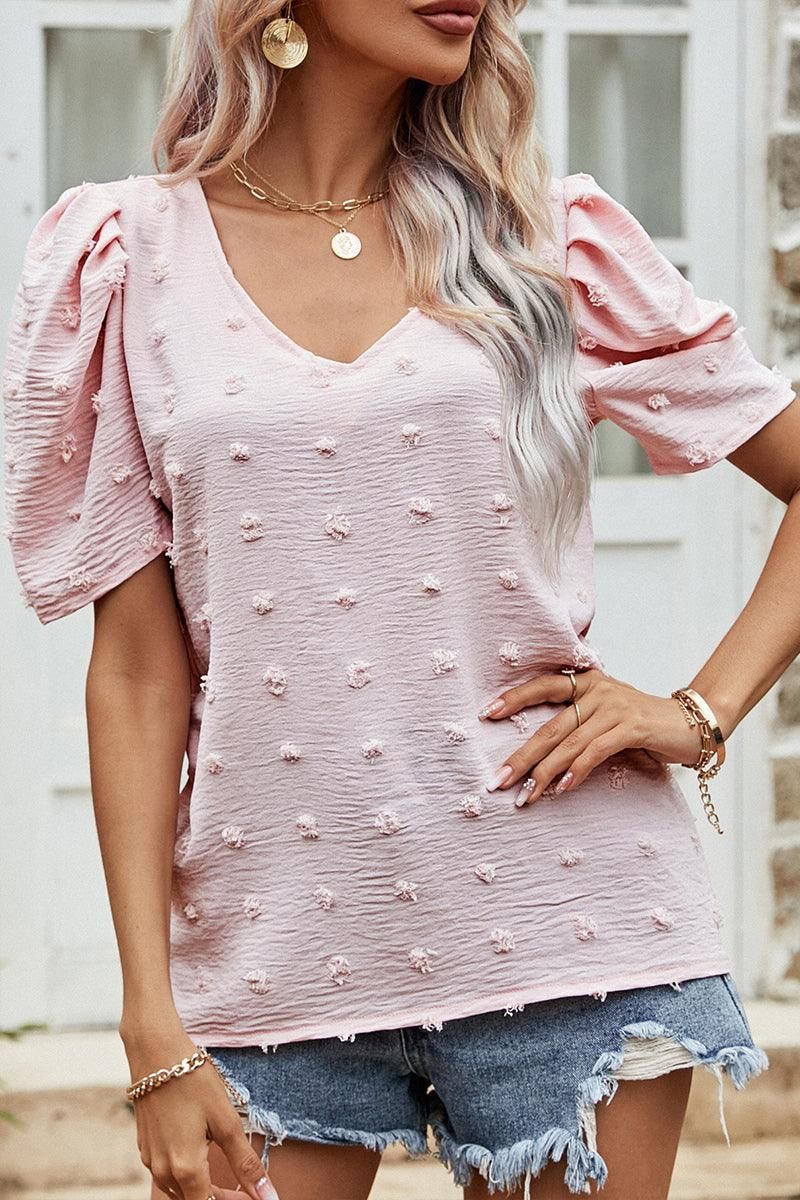 PUFF SLEEVE DEEP NECK CASUAL TOP - Doublju
