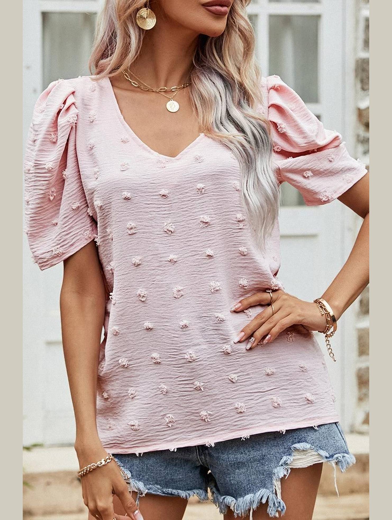 PUFF SLEEVE DEEP NECK CASUAL TOP - Doublju