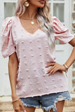 PUFF SLEEVE DEEP NECK CASUAL TOP - Doublju