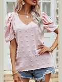 PUFF SLEEVE DEEP NECK CASUAL TOP - Doublju